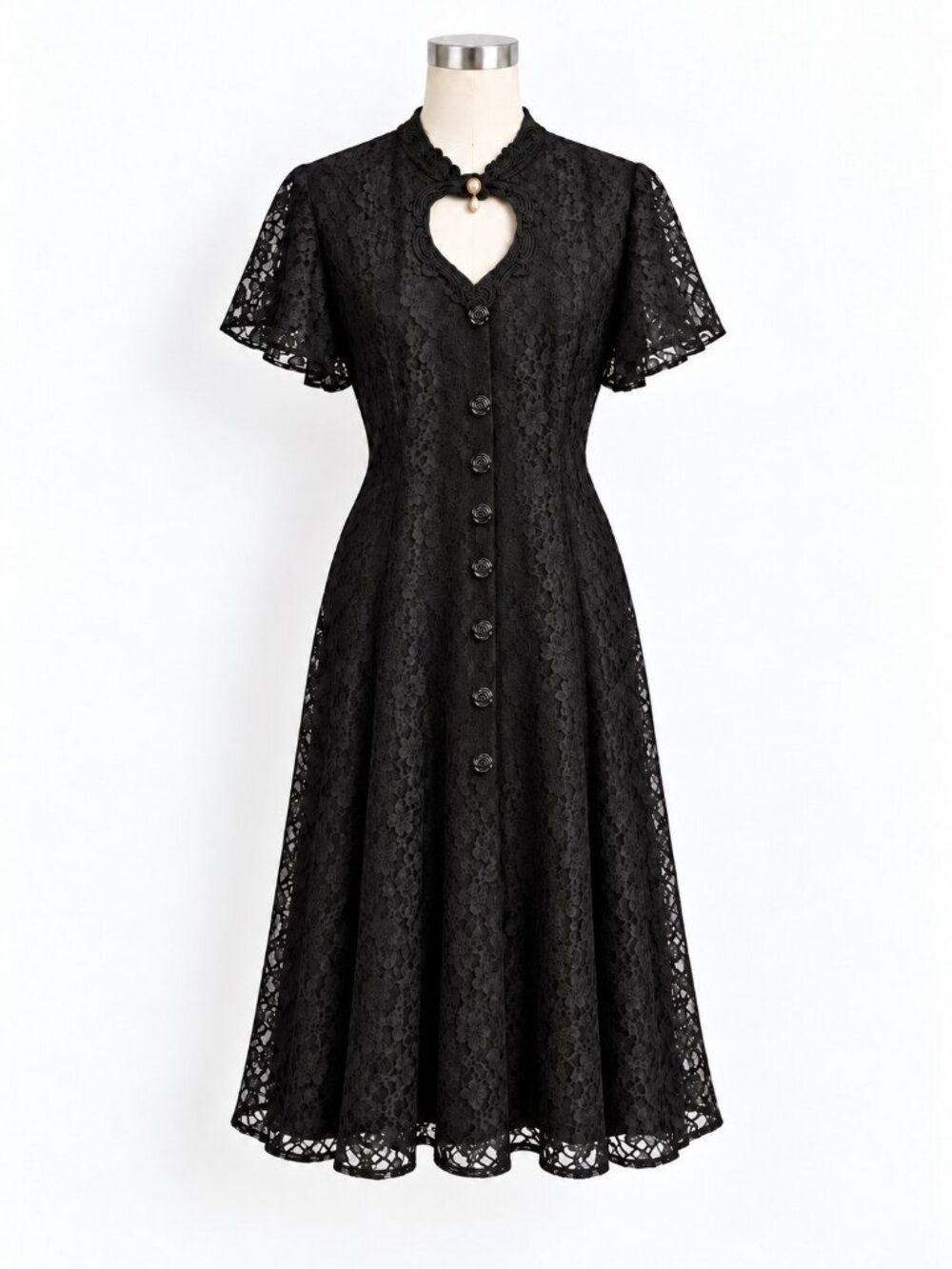 Vintage 1990s Two Roads Black Lace Pearl Keyhole Romantic Goth Dress M